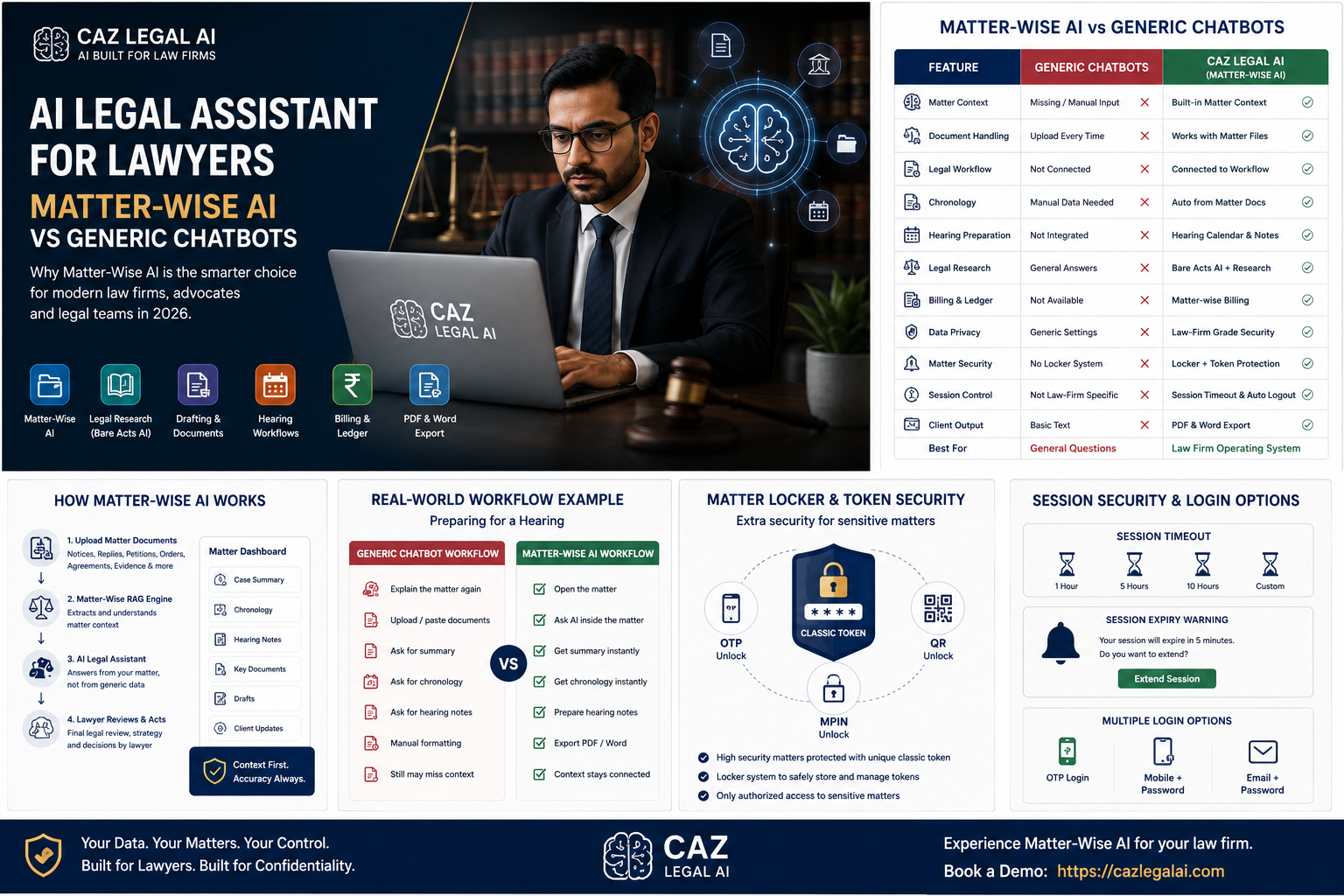 Caz Legal AI infographic showing Matter-Wise AI vs generic chatbots, legal research, drafting, hearing workflows, matter locker security and session protection for law firms