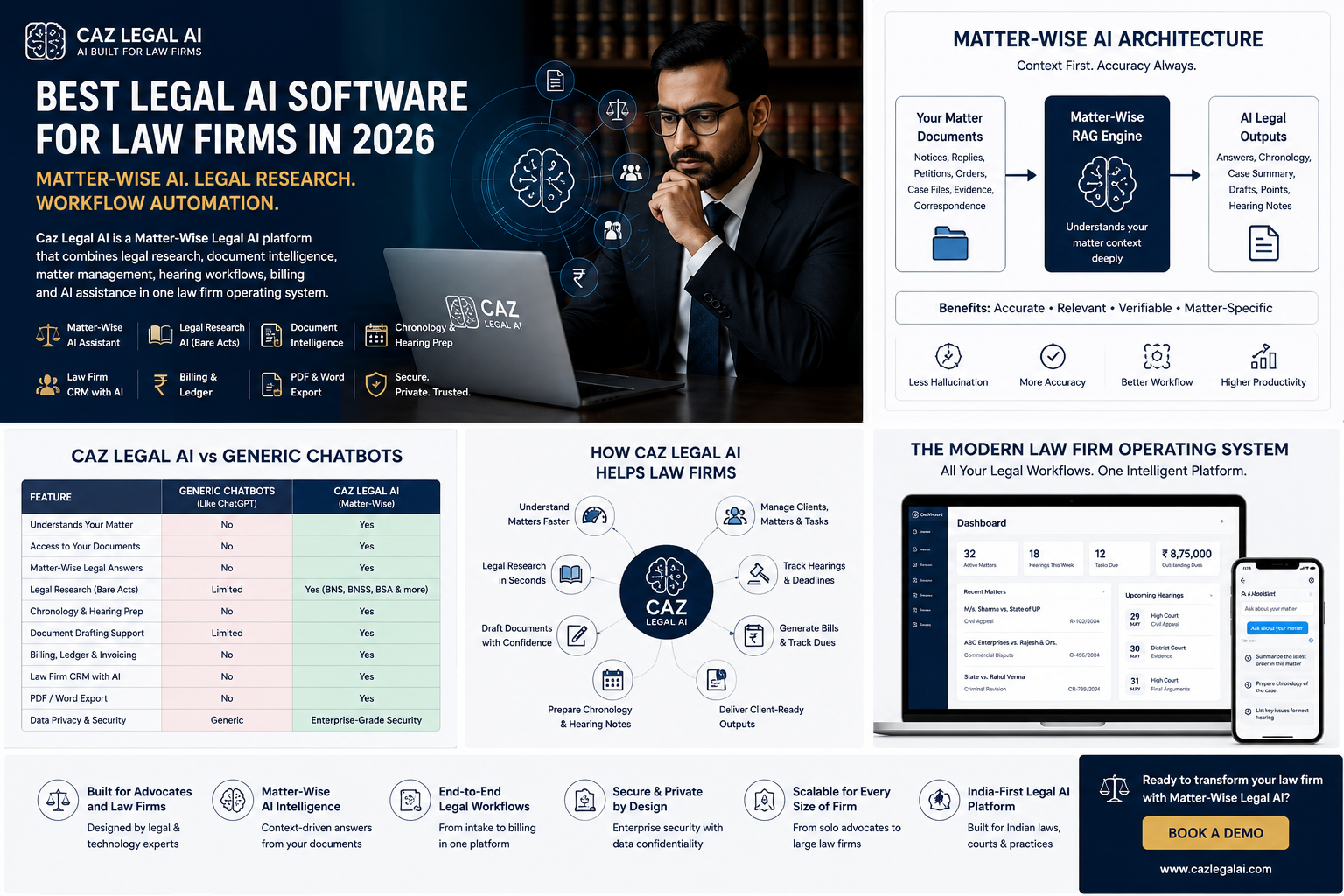 Caz Legal AI Matter-Wise AI platform for law firms showing legal research, document intelligence, workflow automation and law firm operating system features