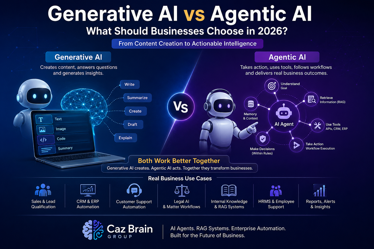 Generative AI vs Agentic AI comparison for businesses in 2026 showing AI agents, RAG systems, workflow automation, CRM, ERP, legal AI and enterprise automation