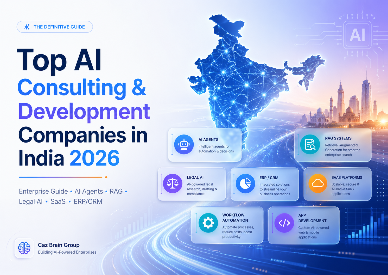 Illustration for top AI consulting and development companies in India 2026 featuring enterprise AI, automation, software engineering, and digital transformation
